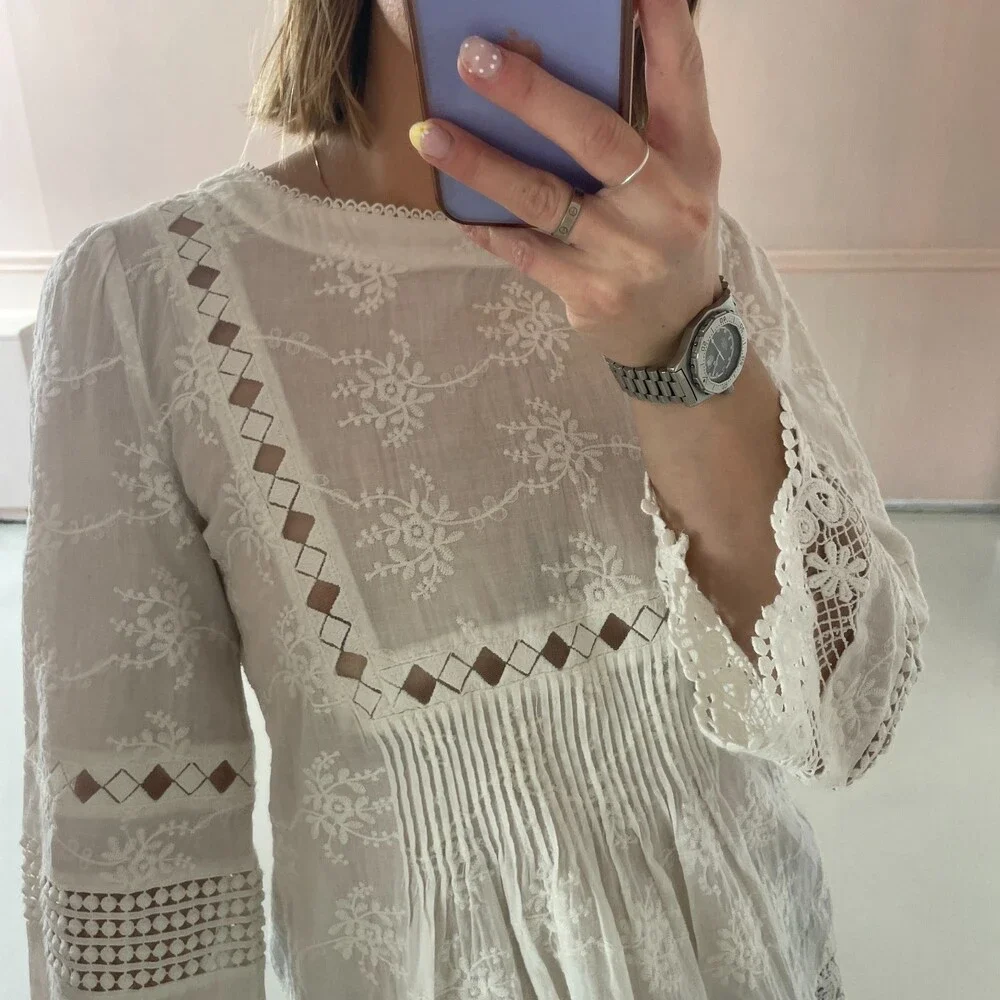 Cirana Floral Embroidery Lace Bohemian Blouse White X-Small